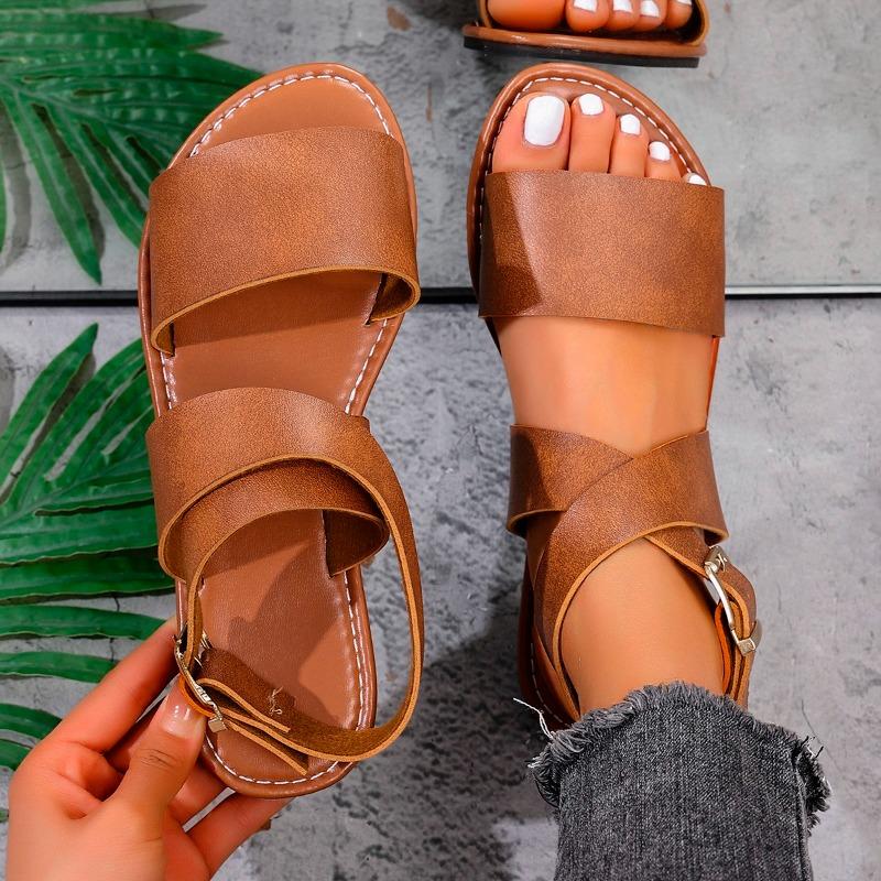 Plus Size New Crossover Strap Sandals Summer New Round Toe Lightweight Simple Temperament Soft Sole Roman Shoes