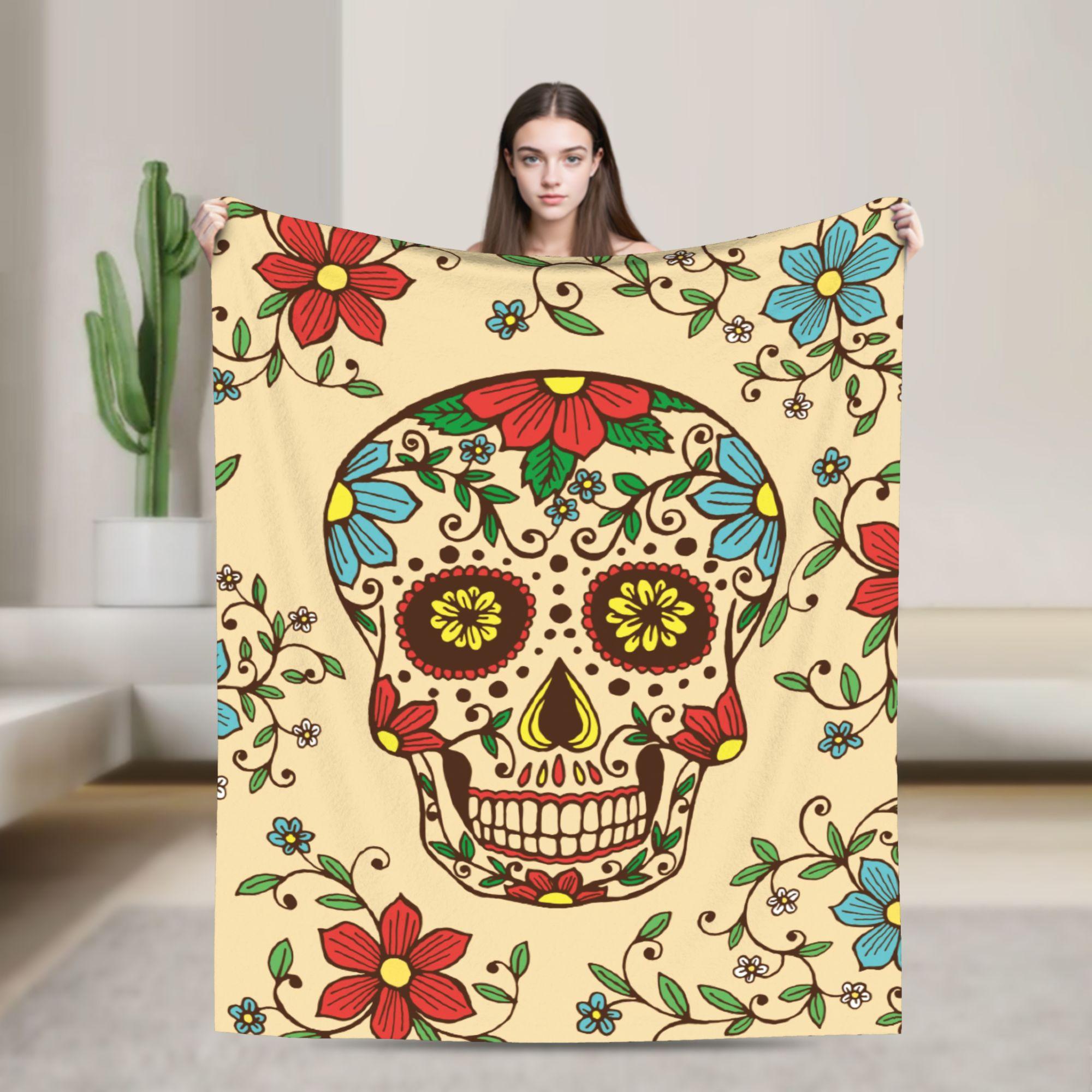 

Mexican Sugar Skull Fleece Blankets Halloween Day of the Dead Novelty Throw Blanket for Sofa Bedding Lounge 125*100cm Rug Piece 100x150cm