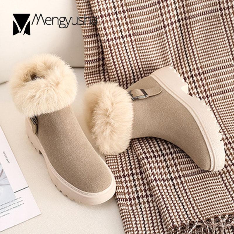Fashion Winter Snow boots women luxury rabbit fur short botas nubuck flock ins cotton shoes plush furry botte femme 40-43 plus size