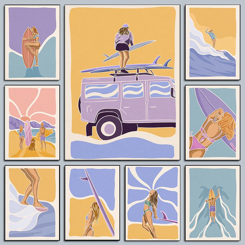 Minimalistische Surf-Mädchen Poster Meeresblick Strandhaus Drucke Leinwandbild Wandkunst Bilder Haus Sportliches Teenie-Mädchenzimmer Dekoration