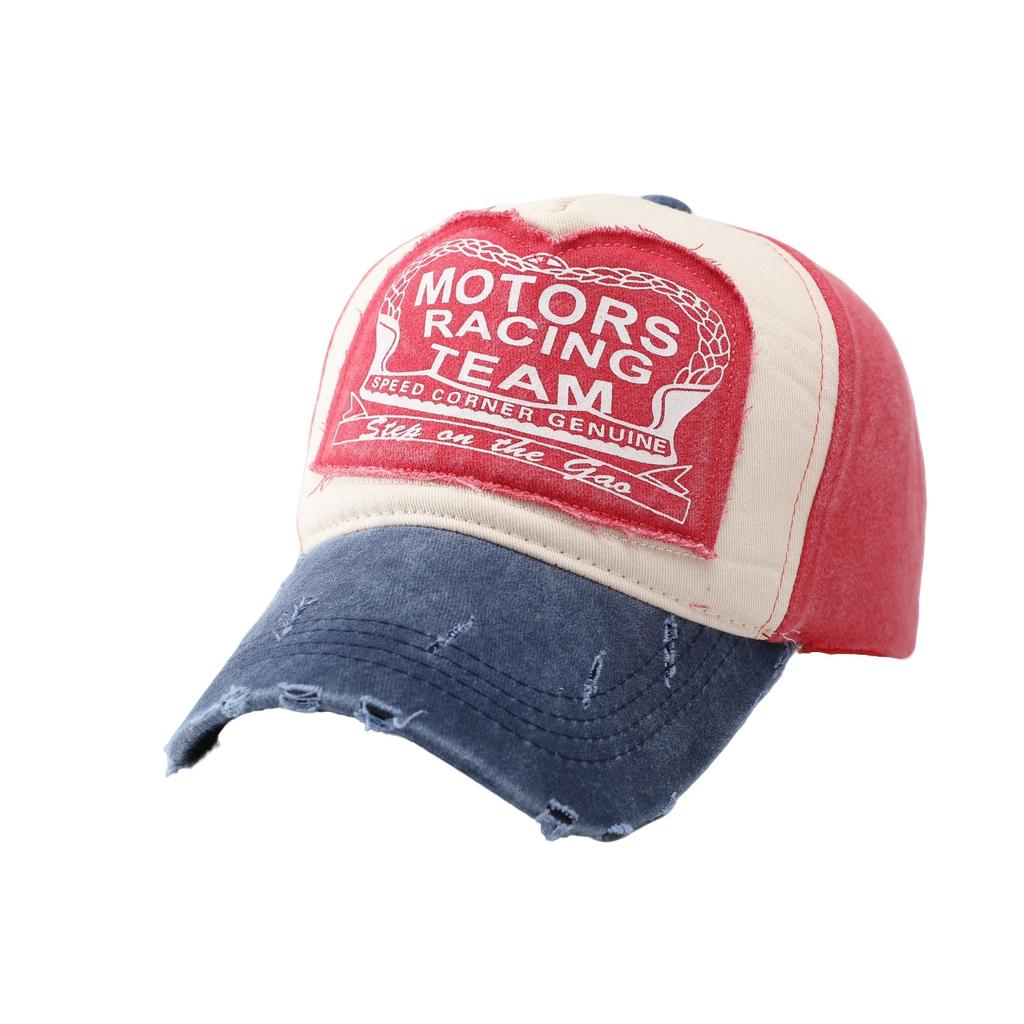 MOTO color-blocked baseball caps for women, American vintage distressed baseball caps, men's large head circumference, deepened hip-hop caps