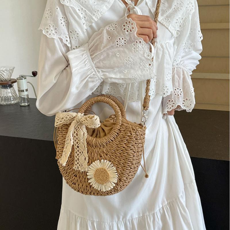 Yogodlns Women Straw Summer Beach Small Drawstring Shoulder Bag Fashion Woven Floral Decor Travel Half-moon Crossbody Bag