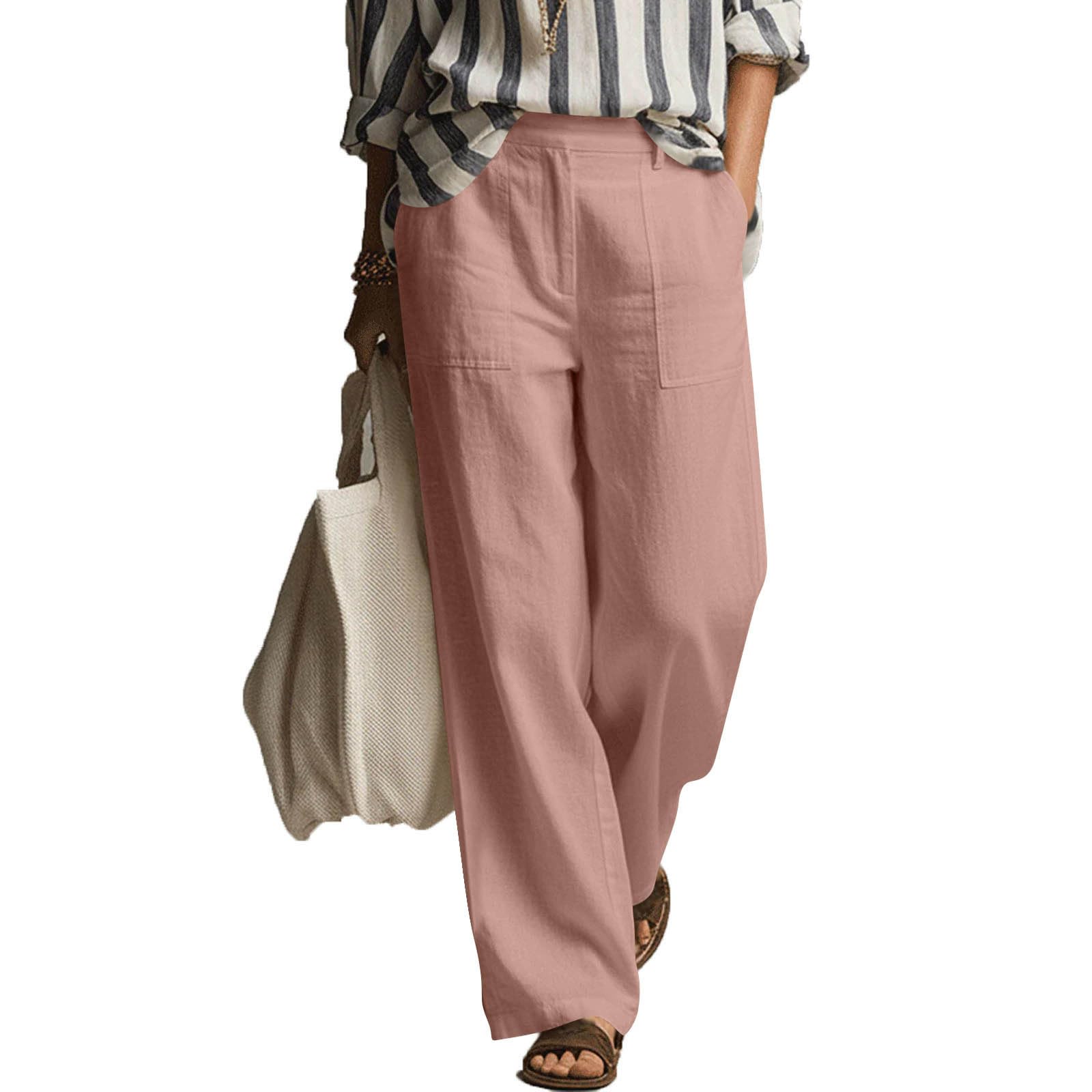 Women s Fashionable Color Pocket Elastic High Waisted Straight Leg Loose Casual Pants S