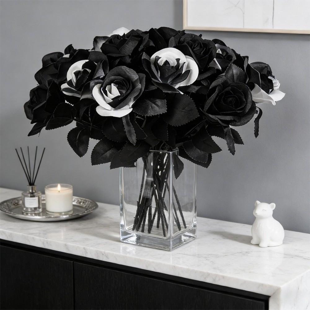Black and White Roses Artificial Black Roses Fake Flowers Long Stem with Leaves Home Decor Cemetery Roses DIY Cemetery Flowers
