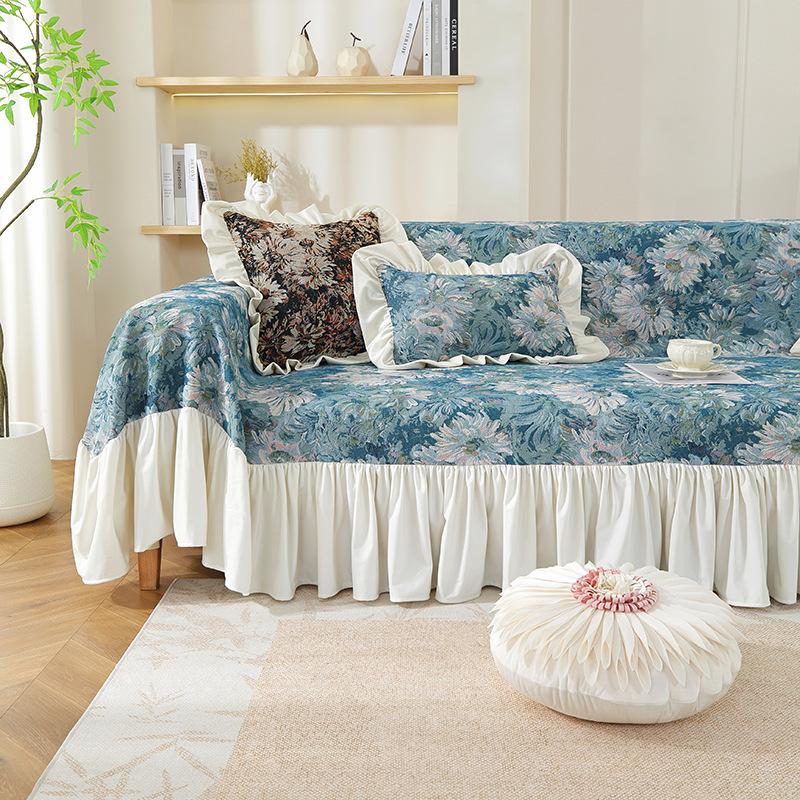 New Sofa Towel Skirt Cream Wind Protection Cat Scratch Sofa Cover Blue Flower Jacquard Thickened Sofa Cushion Spot