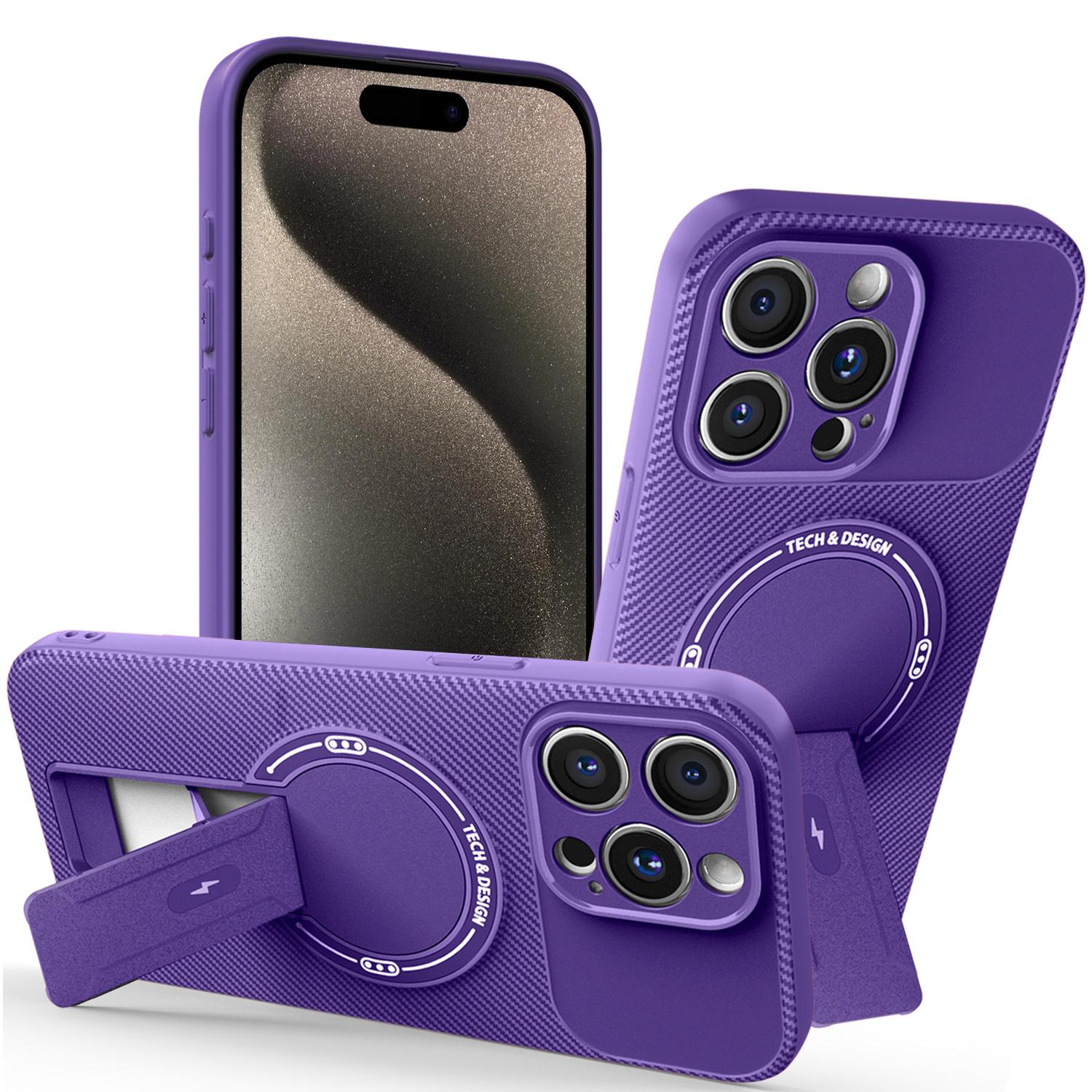 

For iPhone 15 Pro Max Case with Kickstand Carbon Fiber Texture PC+TPU Phone Cover Purple