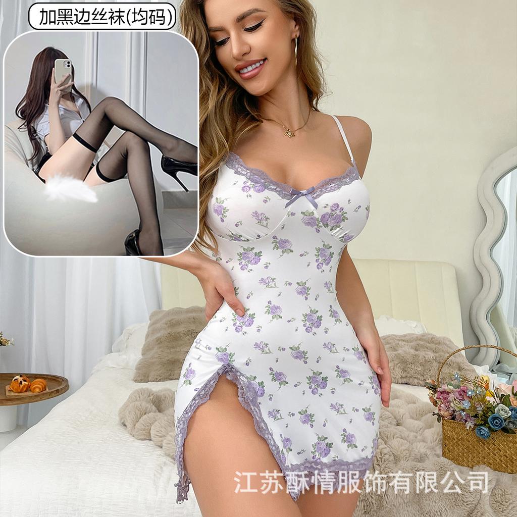 Crispy lingerie small floral splicing lace sexy low-cut European and American style casual split hip skirt nightdress