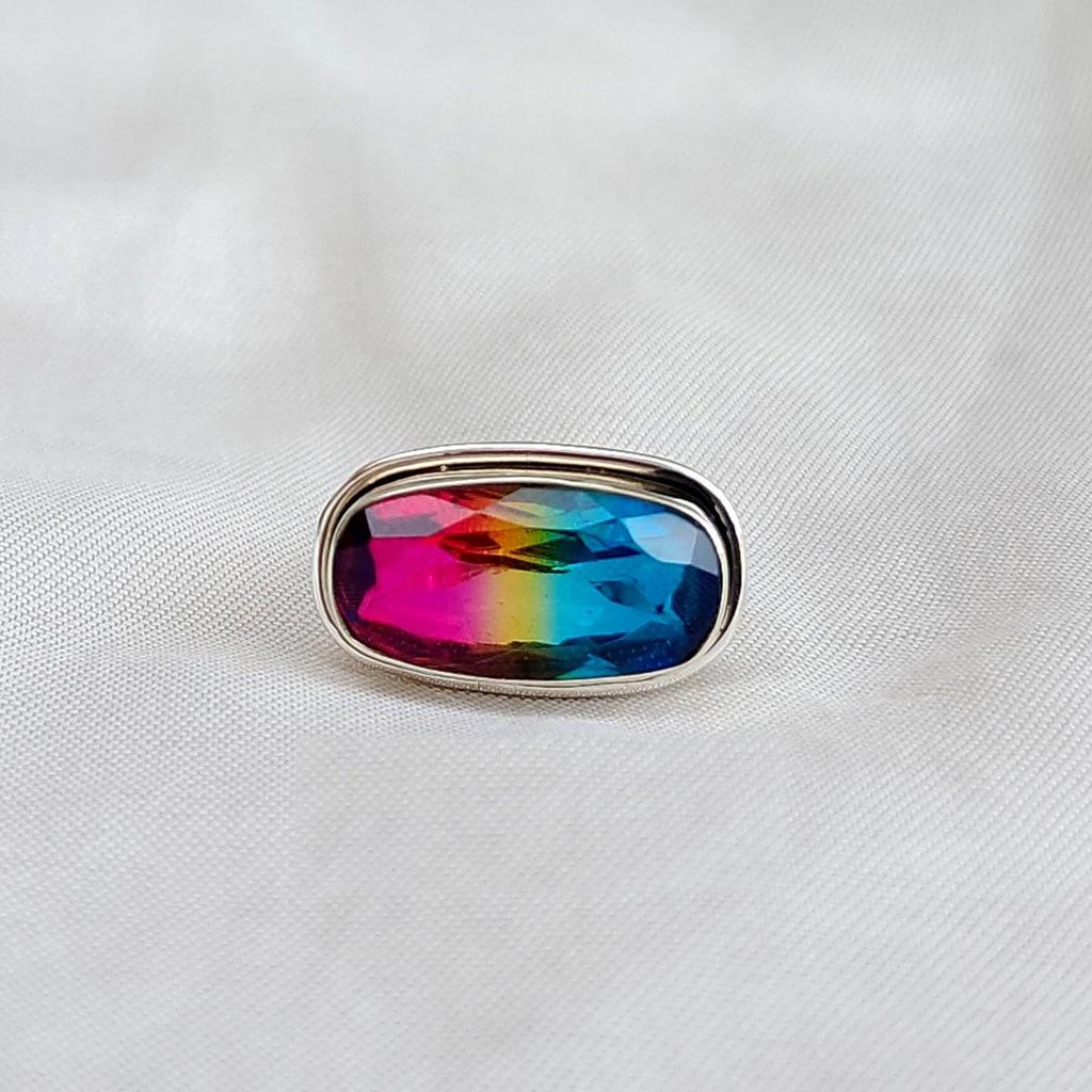 Horizontal Watermelon Tourmaline Quartz 925 Sterling Silver Ring Jewelry, Unique Handmade Ring