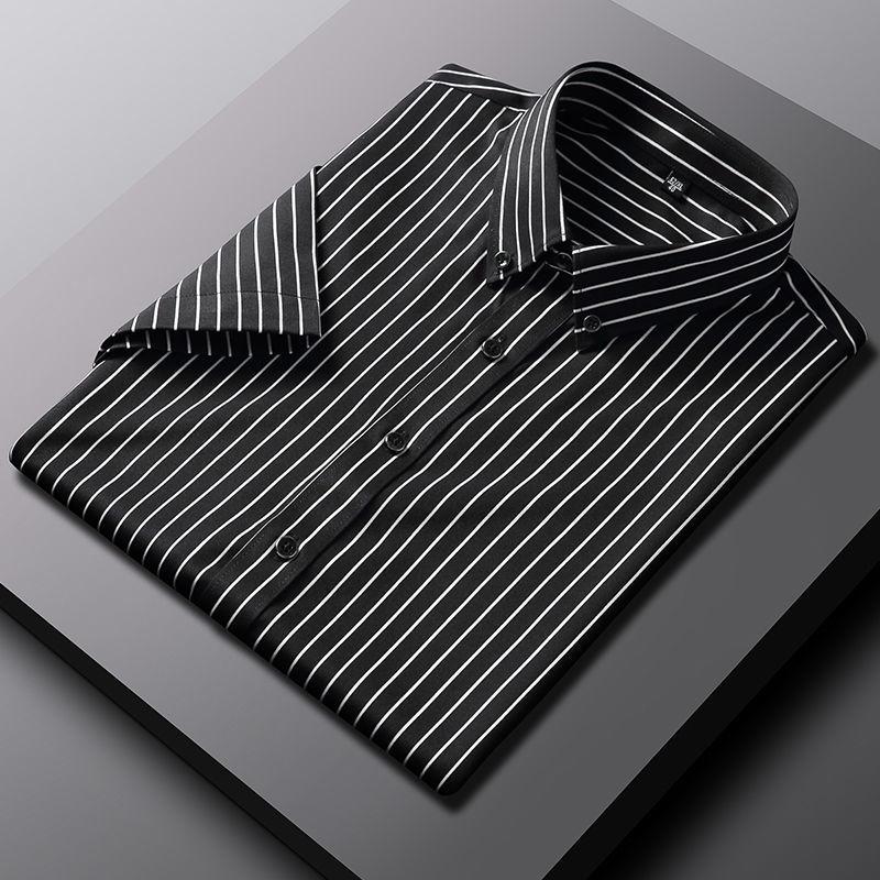 Letní pánská žlutá pruhovaná strečová košile s krátkým rukávem pro mladé štíhlé podnikatele, stylová košile na knoflíčky