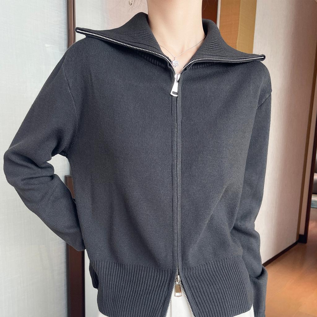 Fashionable and Elegant Double-zipper Large Lapel Sweater Coat New Autumn and Winter Women's Solid-color Knitted Cardigan
