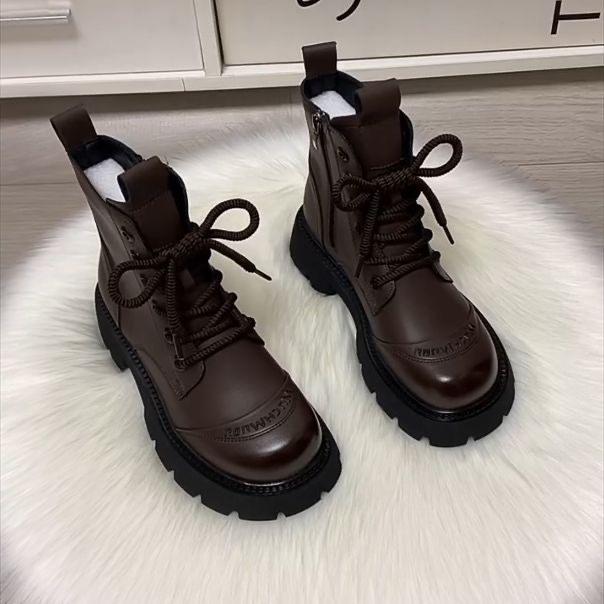 Short Boots for Women with British Style Autumn and Winter New Style Thick Soled and Slimming with Plush Short Boots