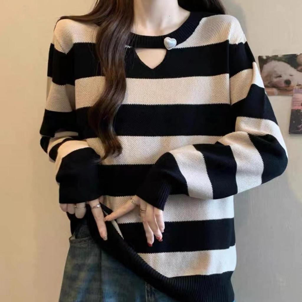 2026 Spring Elegant Striped Knitwear for Women - Plus Size Slimming Sweater Base Layer with Straight Shoulder Design