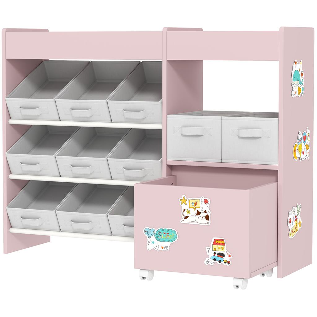 Kids Toy Storage Unit with 11 Bins, Cabinet, Top Shelves, 3 Stickers, for Nursery, Playroom, Pink