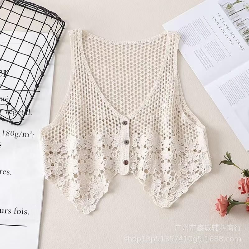 Summer Spice Girl Design Sense Crochet Hollow Suspender Women's Knitted Vest Vest Outside Sleeveless Blouse Top