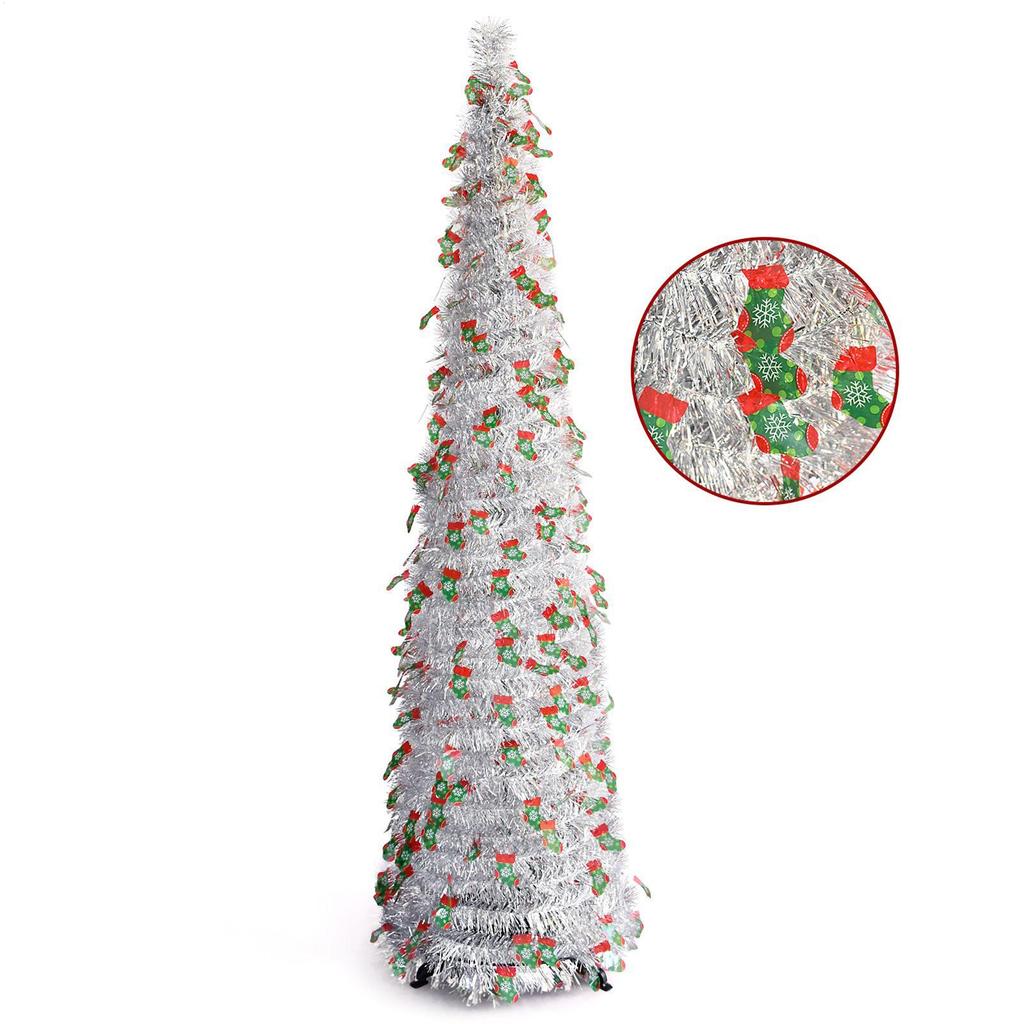 Easy Christmas Tree 5Ft Retractable Holiday Home Decor Silver Festive Tree Christmas Decorations For Indoor Outdoor Living Room