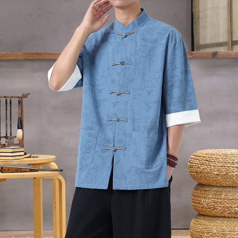 Men's Lightweight Mandarin Collar Printed Shirt Summer Chinese Style Cotton and Linen Casual Wear Top M-5XL