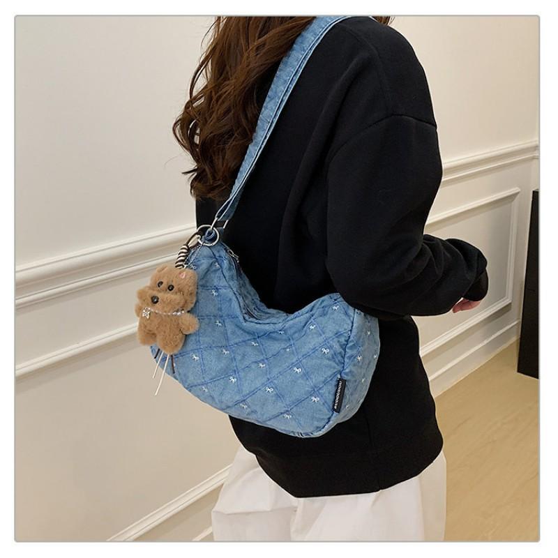 

Embroidery Denim Bag Women s All-match One-shoulder Cross-body High-end Casual Large-capacity Commuting 28x12x16 single package світло-синій колір