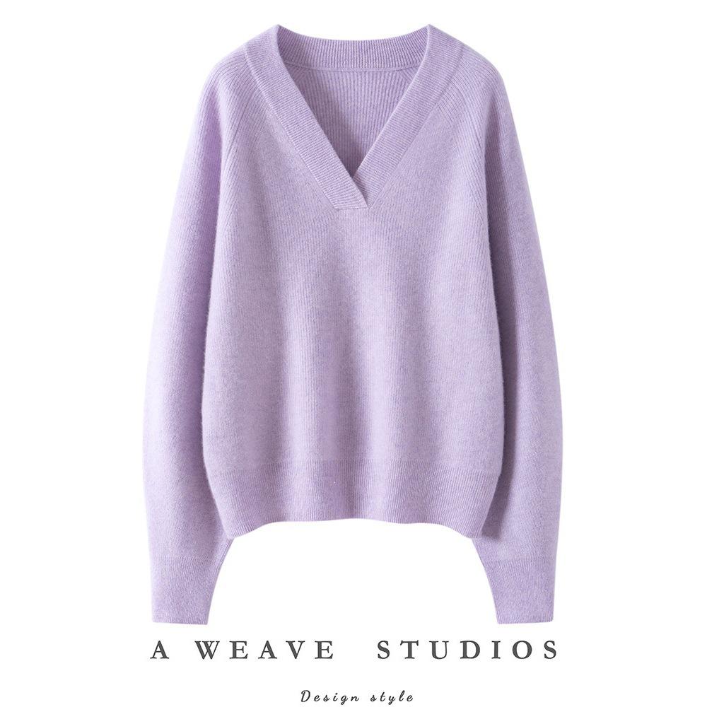 Women's V-Neck Cashmere Sweater - Loose Fit, Solid Color, Thick Knit for Autumn