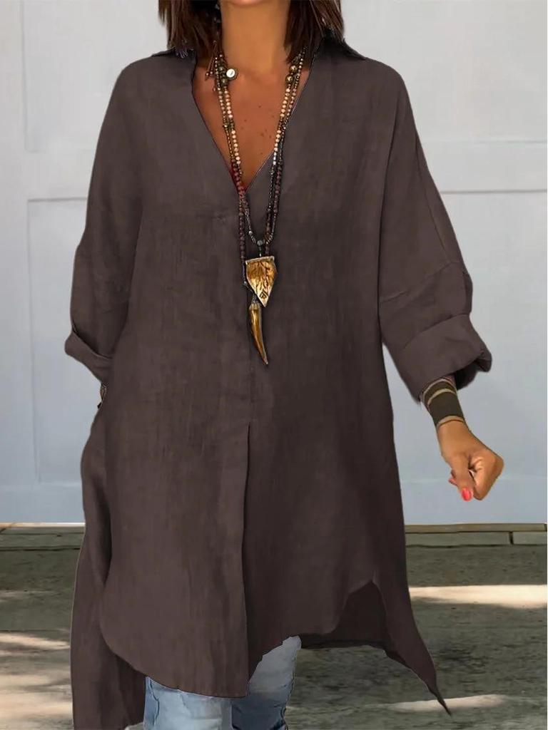 2024 European & American Summer Women's Casual Cotton-Linen Split Loose Shirt Dress