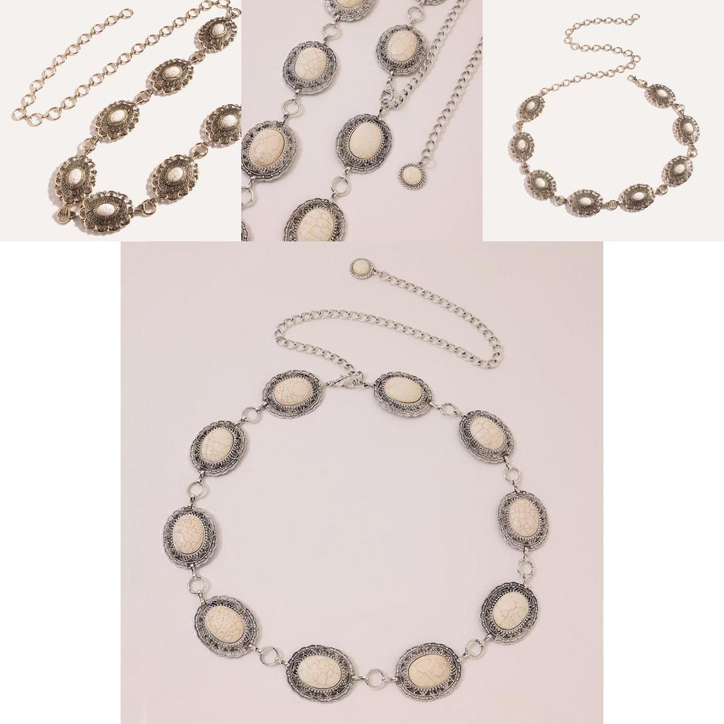 Gothic Style Metal Waist Belt With Intricate Engraving And Simulated White Turquoise Accent For Women