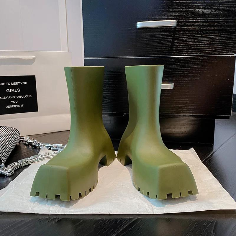 Fashion Bottes de Pluie de Luxe en Cuir Souple pour Femme, Bottines de Styliste, Imperméables, Confortables, à Plateforme