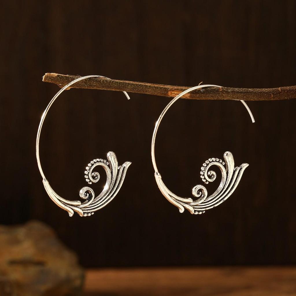 Retro Ethnic Silver Spiral Pattern Large Earrings for Women