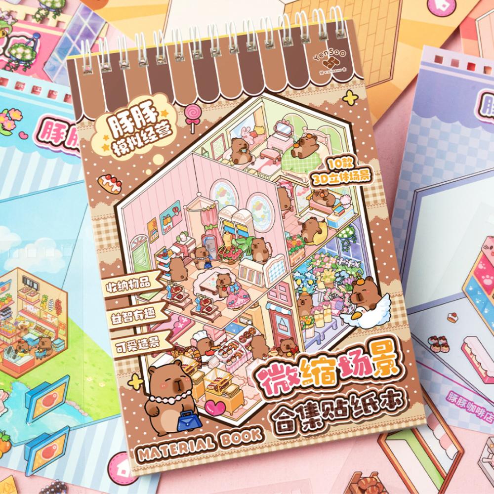 3D krajinné miniaturní scénické samolepky roztomilá kapybara kapesní scénická sada pro děti