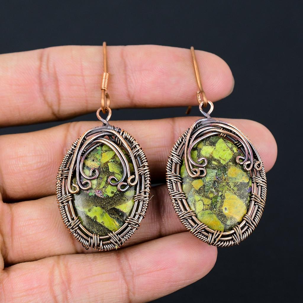 Natural Copper Green Turquoise Handmade Copper Wire Wrap Earring 2.56 T4t88