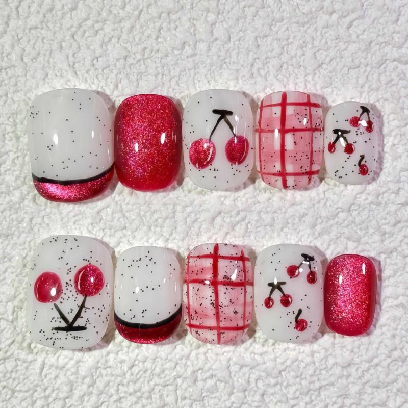 Handmade French Tip Press-On Nails AW1172 Cat Eye Cherry Design Short Almond Shape Women Girls AW1172 Cat Eye Cherry