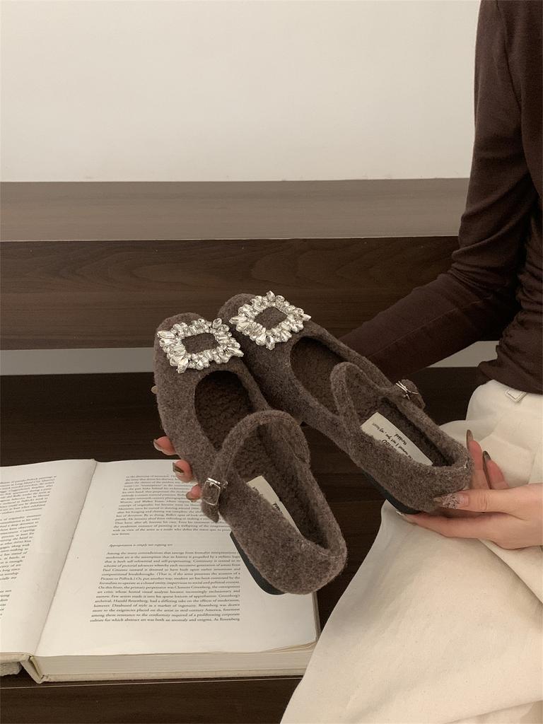 Xiaoxiangfeng Woolen Rhinestone Square Head Fluffy Mary Jane Shoes Women's Autumn and Winter Velvet Cotton Shoes Middle Heel Ladyshoes Women's Single