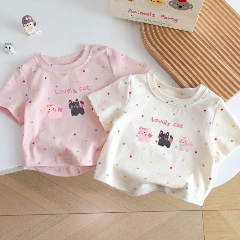Girls Summer 100 Percent Cotton Short Sleeve T Shirt Cute Cat Print Breathable Casual Kids Top With Colorful Dots