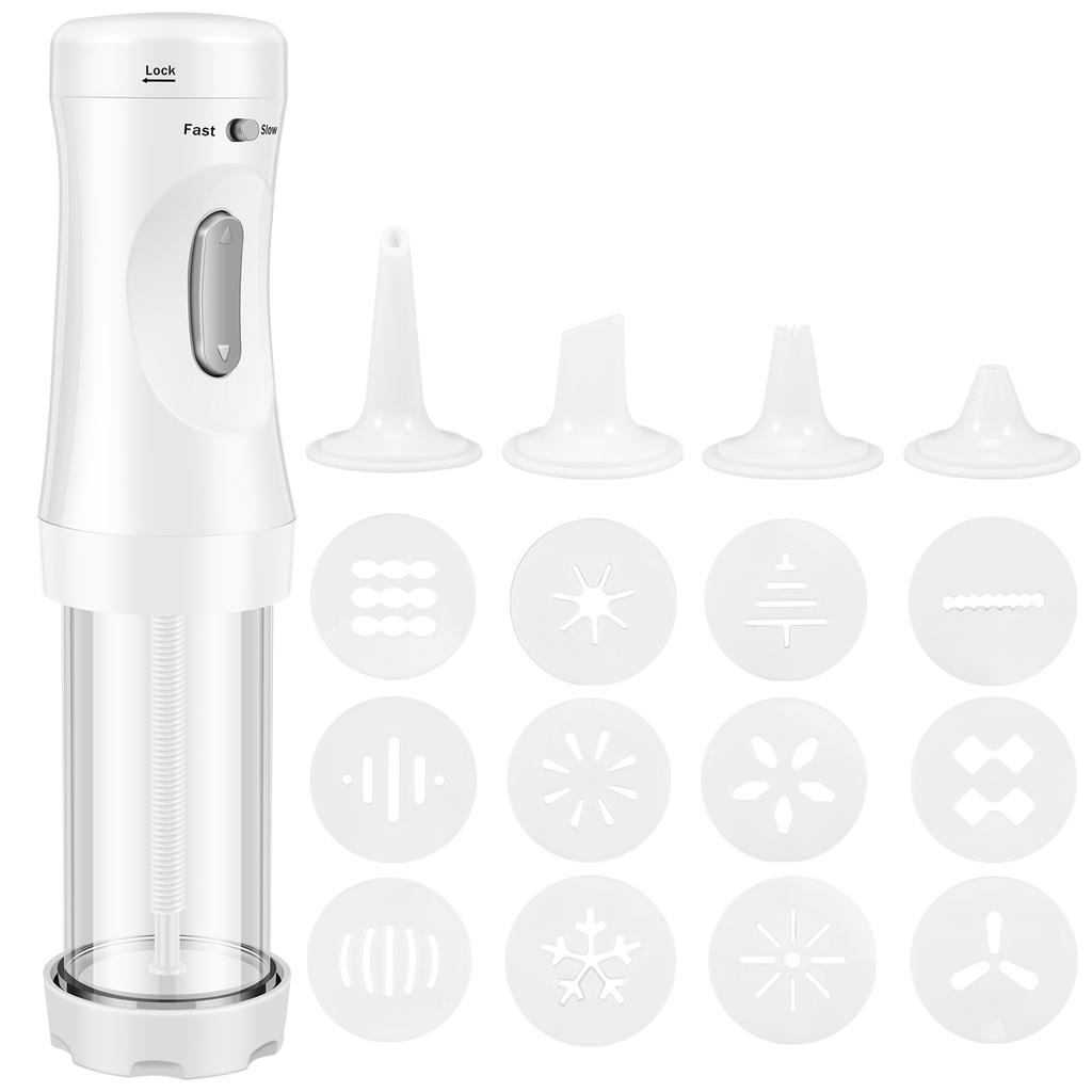 Electric Cookie Press DIY Cookies Maker Set with 12 Cookie Discs and 4 Icing Nozzles Electric Cookie Press Decorating Kit