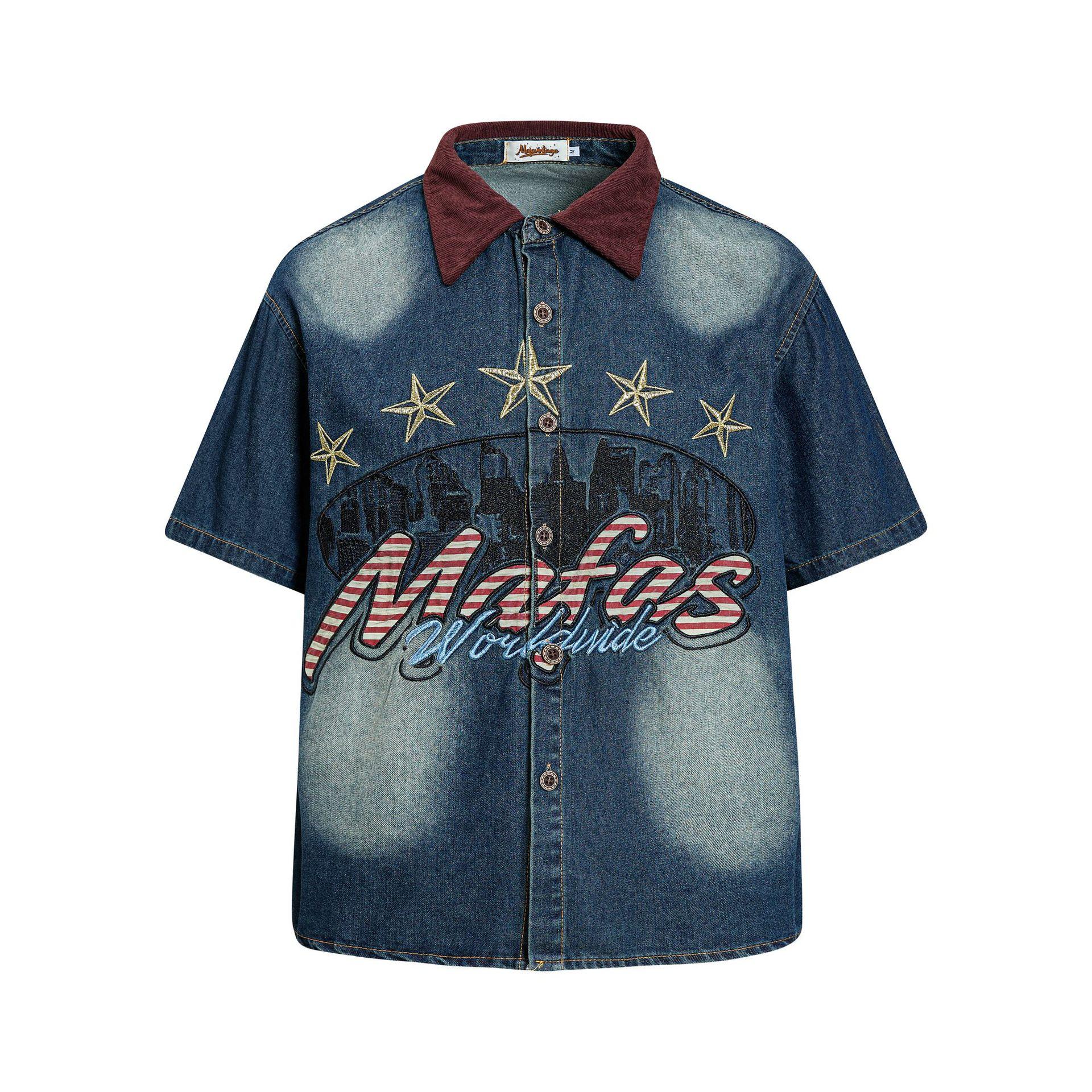 American retro trendy brand cloth embroidery heavy industry washed denim shirt short sleeve loose Hong Kong style personalized shirt M