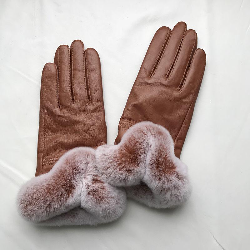 Women Winter Genuine Sheepskin Leather Glove With Rex Rabbit Fur Cuff Warm Winter Female Genuine Leather Gloves Hand Warmer