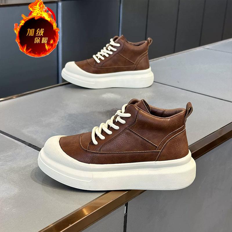 Autumn and Winter Velvet Retro Thick-soled Casual Leather Surface Lace-up Trendy Shoes Premium Sense Zmd