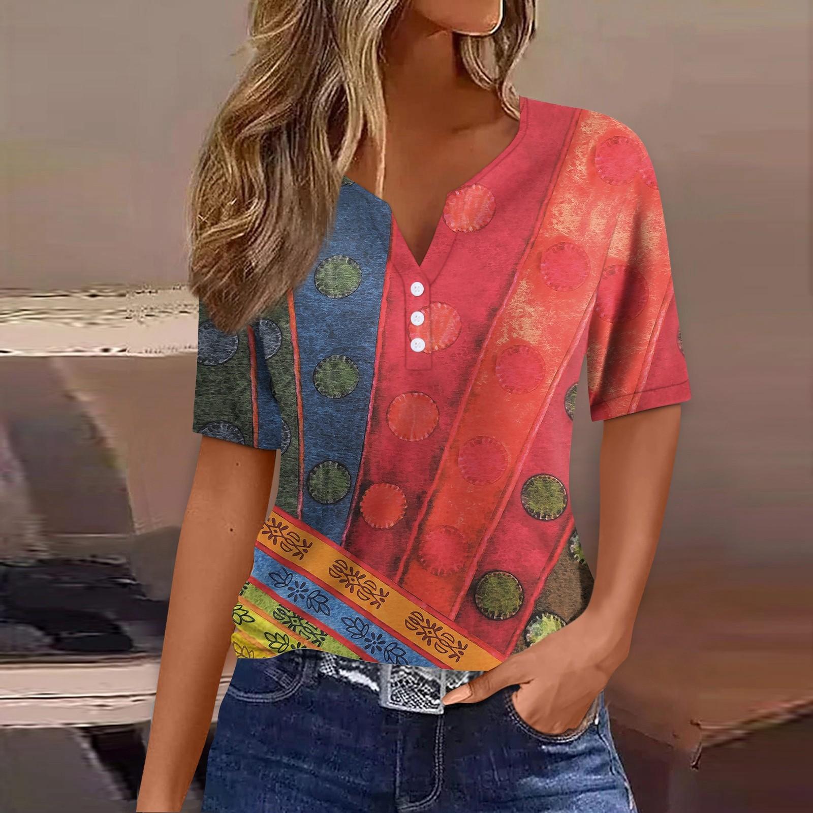 

Жен. Футболка Футболка С принтом Пуговицы С короткими рукавами Повседневные Выходные Мода Классический V-образный вырез Обычный Верх XL красный