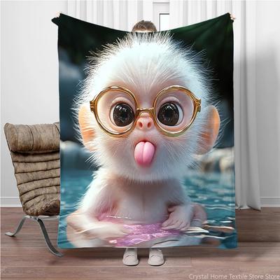 Cute Monkey Pattern Print Flannel Blanket, Soft Warm Throw Blanket Nap Blanket For Couch Sofa Office Bed Camping Trave Blanket