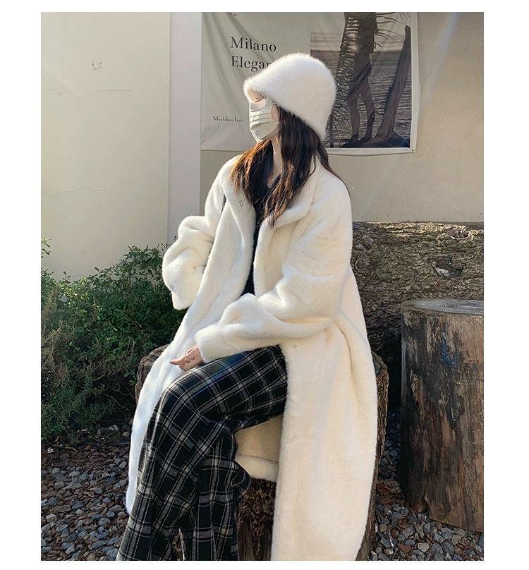 2025 A/W Women's Eco-Leather Overcoat: Thick Long Stand-Collar Mink Fur Cashmere One-Piece