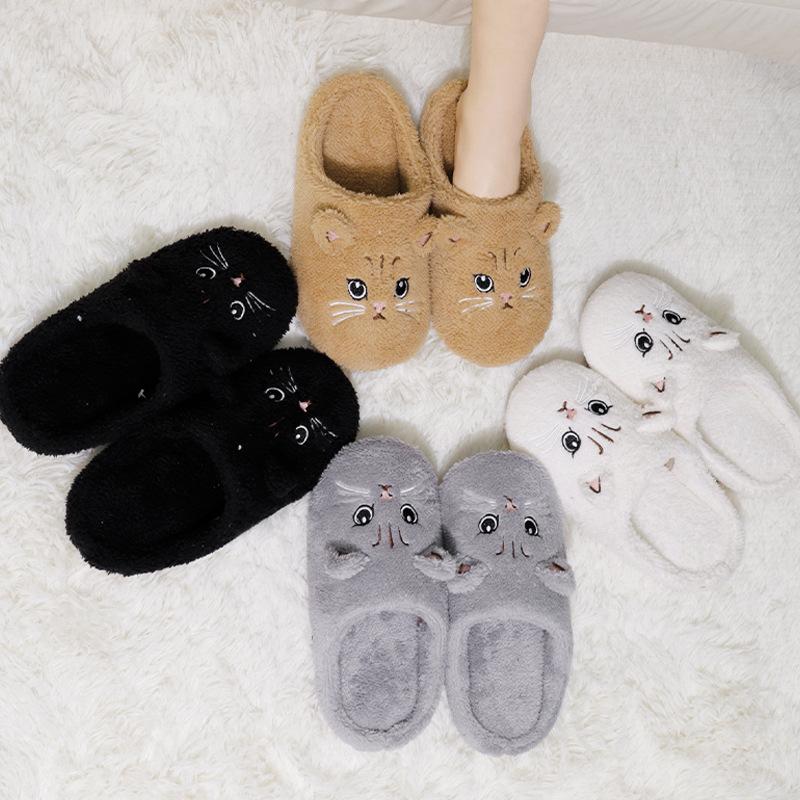 Fashion Women's Cat Cotton Slippers Lightweight Soft Sole Warm Home Slippers Women Cute Cartoon Fluffy Indoor Floor Shoes Female Slides