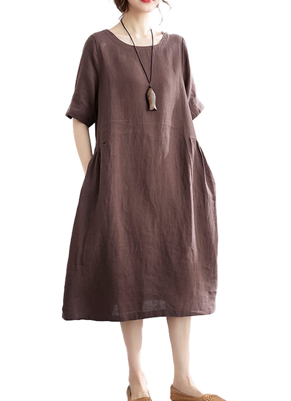 

YUNHEN Summer Short Sleeve Loose Solid Plus Mori Girl 9 Women s Dress, Mid-Length, Fit, Color, Sizes, Style, Cotton/Linen, Figure-Flattering (Color кофейный