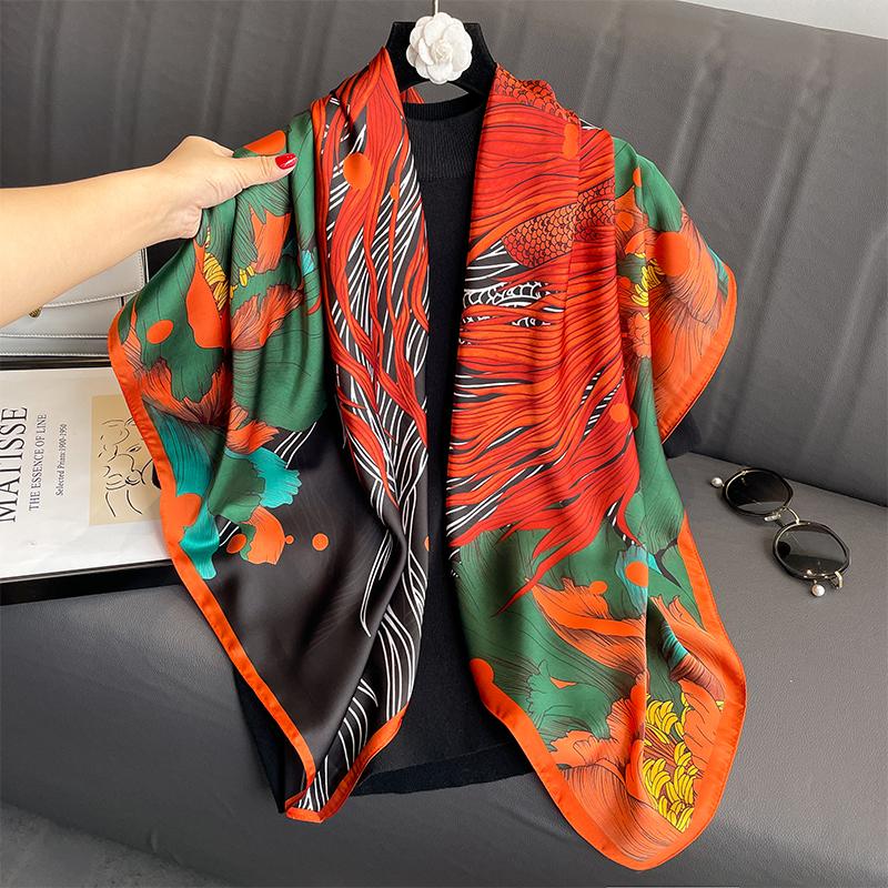 110x110cm Women Silk Square Scarf Hijab Female Design Print Lady Shawl Wraps Foulard Headbands Bufanda Large Bandana Luxury