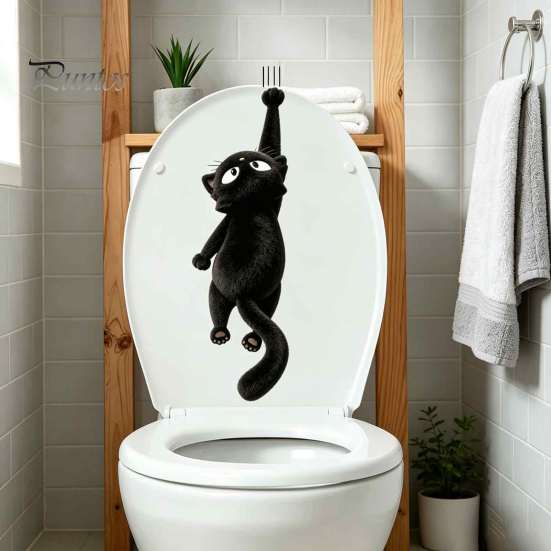 Bathroom Toilet Decals Furry Black Cat Seat Sticker, Waterproof PVC Decal, Removable Pattern Cute Animal Wall Art for Tank And Lid Decoration Humorous