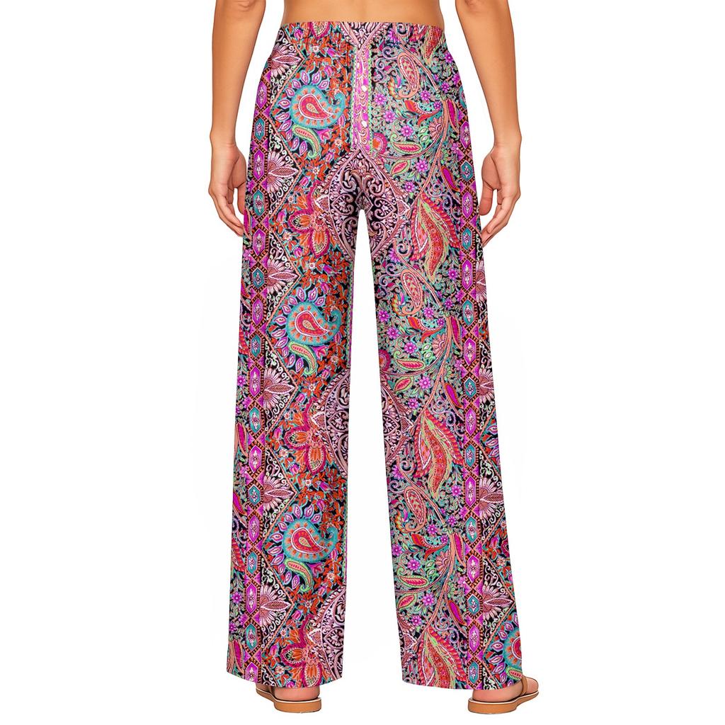 Damskie Modne Spodnie Casualowe z Kieszeniami i Elastyczną Gumką w Pasie z Kwiatowym Nadrukiem z Prostymi Nogawkami