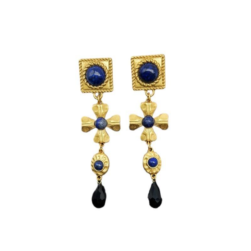Vintage Shoulder Swept Lapis Lazuli Inlaid With Geometric Fashion Heavy Industry Retro Gold 925 Silver Needle Earrings