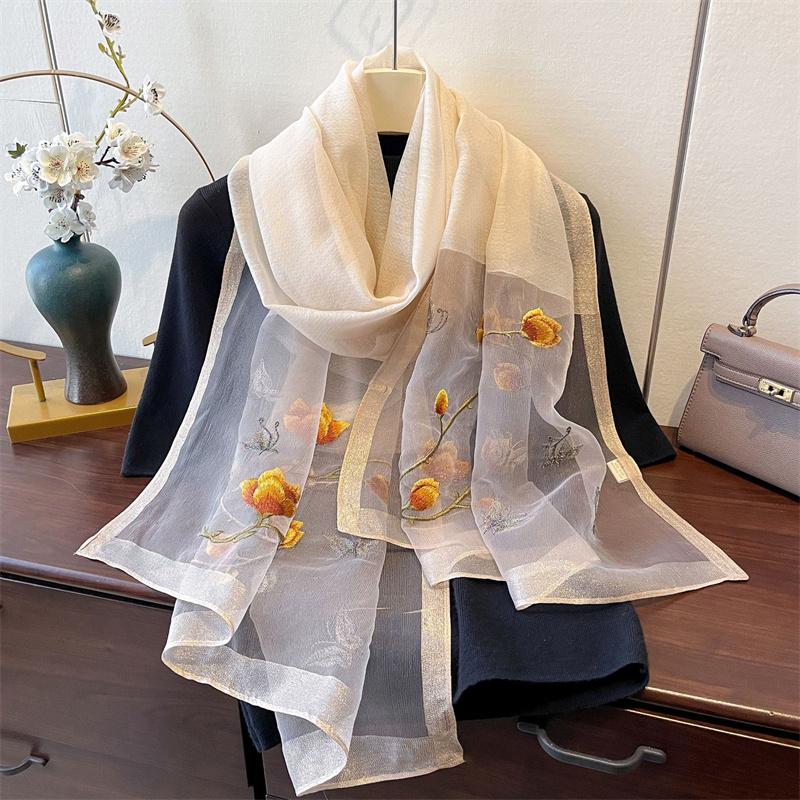 New Luxury Embroidered Silk Feeling Scarf For Women'S Silk Gold Border Scarf Elegant Decoration Embroidered Shawl For Lady