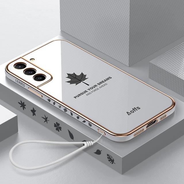 Luxusní obal z javorového listu Lanyard Plating pro Samsung Galaxy S23 Ultra S22 Plus S21 S20 Plus Ultra S21 FE S22 Plus měkký silikonový ochranný kryt objektivu