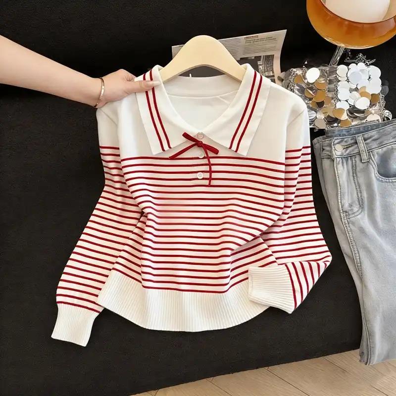 French Sweet Bow Striped Sweater for Women with Lapel Loose Sweater for Small People Autumn and Winter Casual