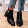Soft Leather Booties Women's Pointed Toe Spliced Metal Buckle Side Zipper Anti-Slip Wear-Resistant Block Heel Boots