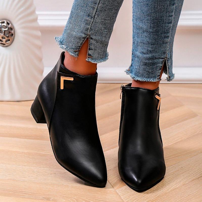 Soft Leather Booties Women's Pointed Toe Spliced Metal Buckle Side Zipper Anti-Slip Wear-Resistant Block Heel Boots
