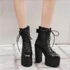 Fashion Motorcycle Boots Women Leather Spring Autumn Metal Buckle High Heels Shoes Zipper Black Ankle Boots Woman Lacing
